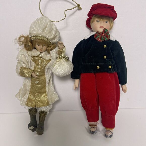 Vintage Porcelain Christmas Boy Doll in Velvet Outfit Girl Doll Handbag Gold - Picture 1 of 16